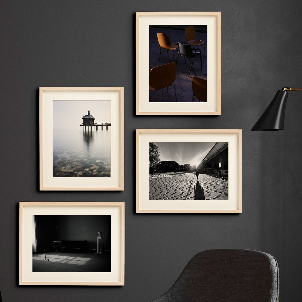 Modern luxury dark living room interior background with grey arm