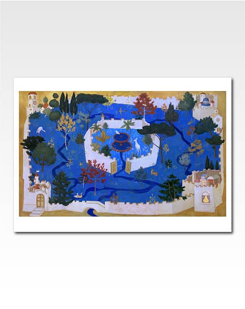 Colorful garden scene with fountain, trees, and pathways in vibrant blue and green hues.